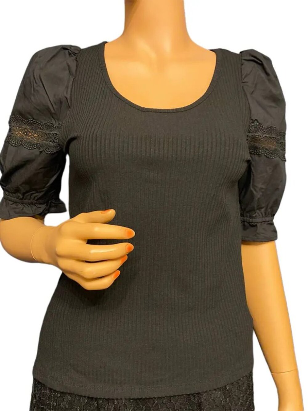 NWT INC International Concepts Black Short Sleeve Scoop Neck Top with Lace Trim